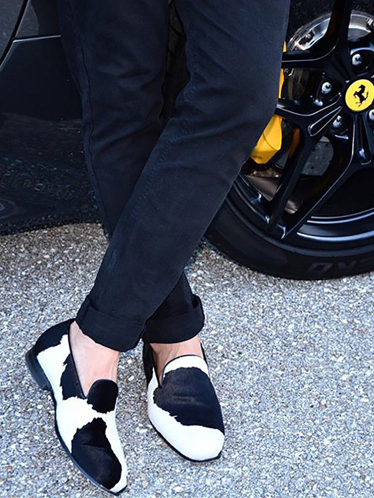 New black and white stitching horse hair handmade loafers trendy party slip-on banquet shoes slip-on smoking shoes