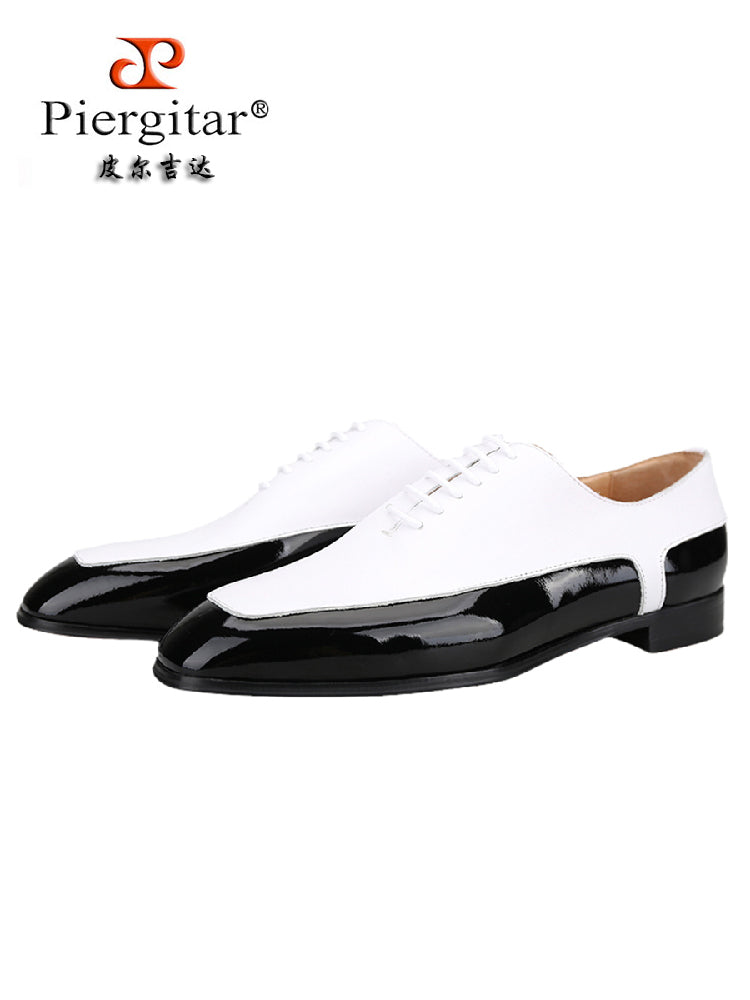 First layer cowhide spliced patent leather British style men's handmade Oxford shoes small square toe red sole wedding banquet formal leather shoes for men