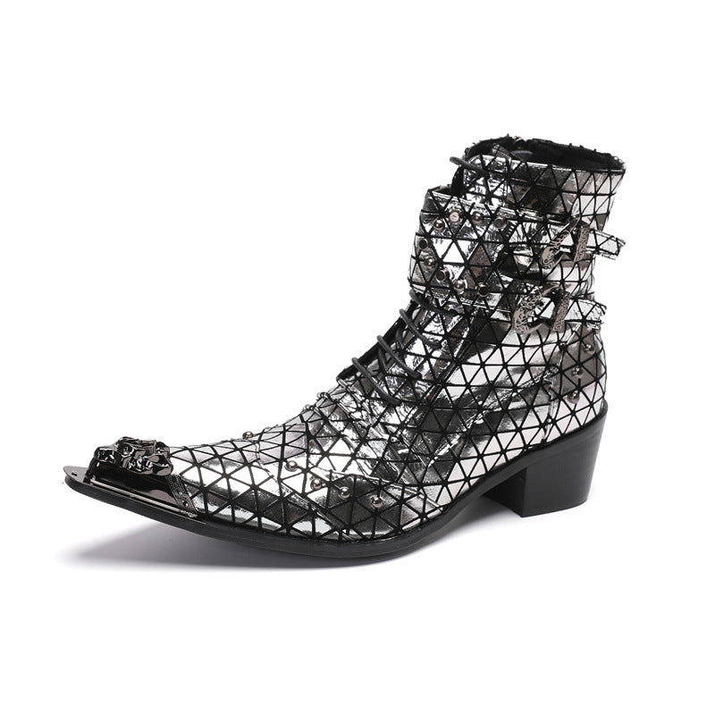 Cowhide Martin boots men's mid-calf boots British style retro Chelsea boots men's silver high-top leather boots