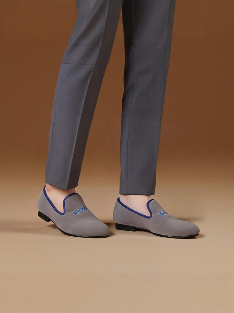 Summer new British style casual slip-on smoking shoes gray velvet embroidered trendy men's slip-on loafers