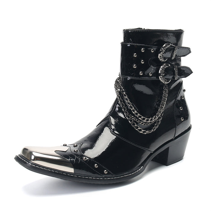 Retro Martin boots men's square toe shiny high-top boots niche side zipper design leather boots trendy slip-on short boots