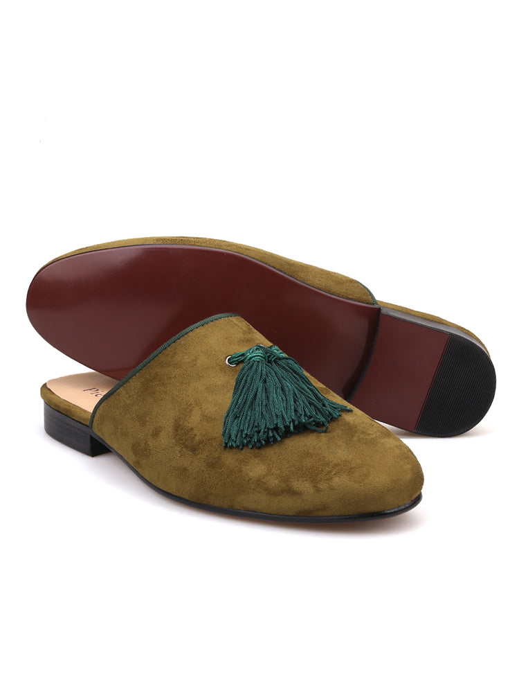 Summer new style European and American style slip-on tassel trendy slippers imported frosted velvet round mouth banquet loafers with leather lining