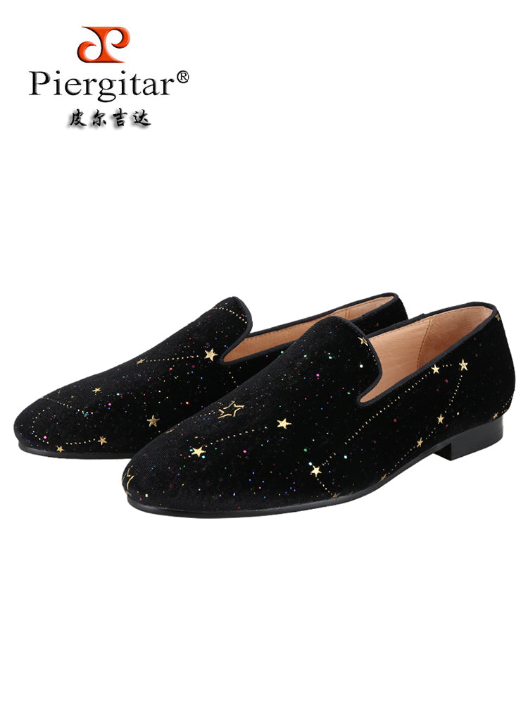 Handmade sequined star black velvet loafers for men, casual and versatile slip-on yuppie style men's smoking shoes
