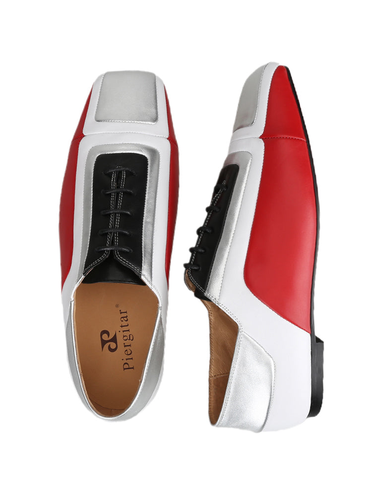 Luxury trendy brand's same three-color cowhide stitching craft lace-up men's casual leather shoes large square toe red-soled flat shoes