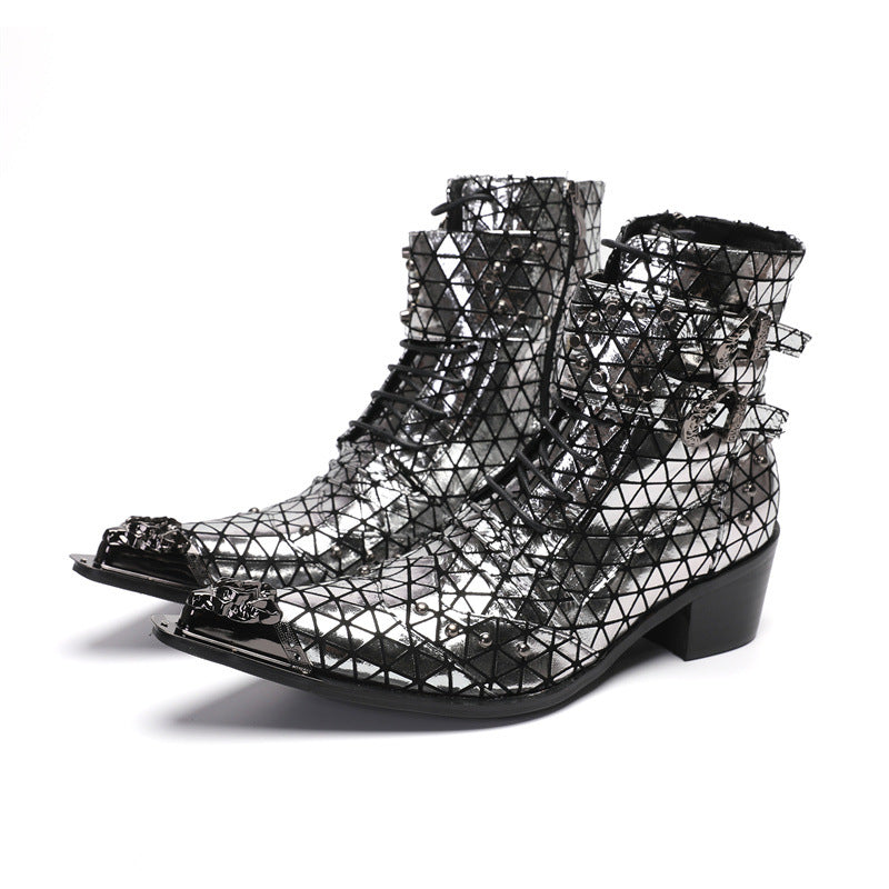 Cowhide Martin boots men's mid-calf boots British style retro Chelsea boots men's silver high-top leather boots