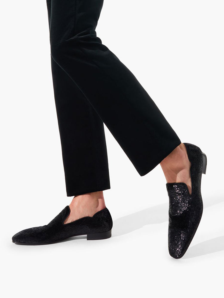 Black velvet gold and silver men's slip-on loafers European and American luxury fashion big-name square-toe red-soled shoes for men