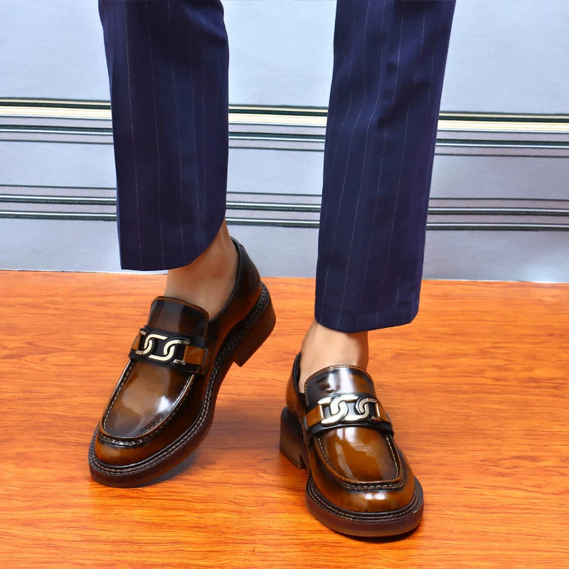Men's Genuine Leather Loafers, Thick Sole, Patent Leather