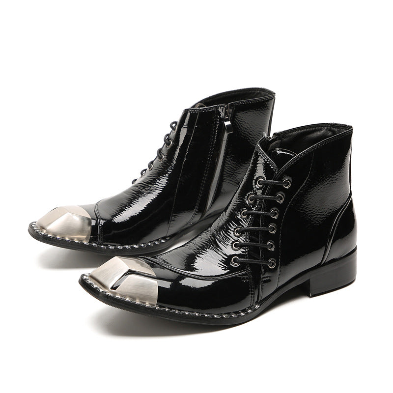 European and American cowhide business high-top leather shoes men's short boots British trend Martin boots pointed toe brogue carved men's boots