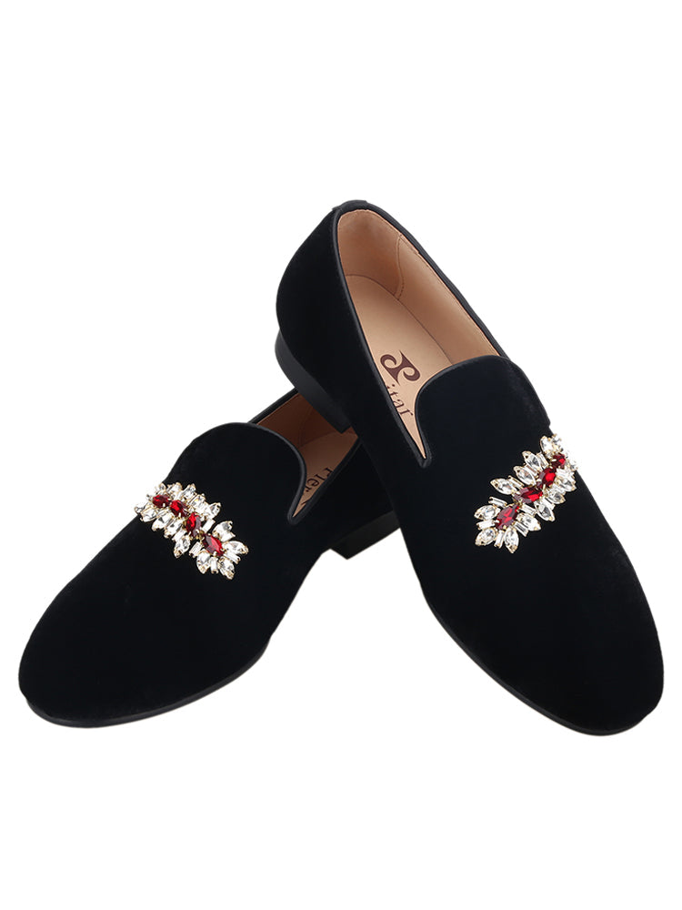 Imported gray and red velvet men's yuppie loafers metal rhinestone buckle slip-on smoking shoes loafers wedding banquet