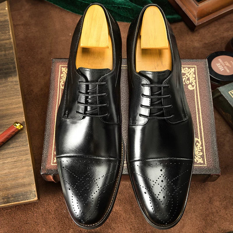 Men's Genuine Leather Derby Shoes, Pointed Toe, British Style