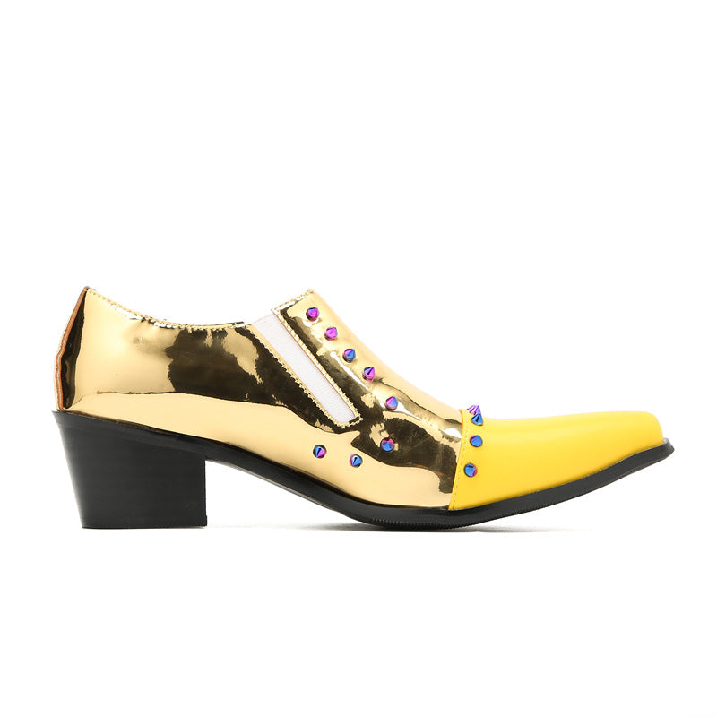 Glossy men's gold breathable casual leather shoes British patent leather trend performance pointed inner height wedding banquet shoes