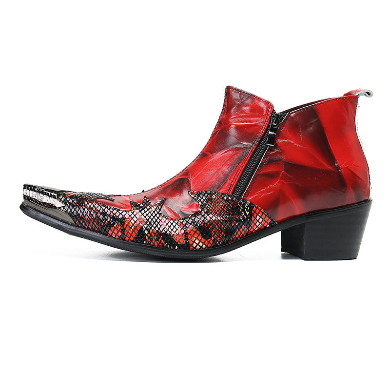 Chinese red printed work boots American retro men's boots high-top Martin boots increased pointed toe men's short boots Roman style