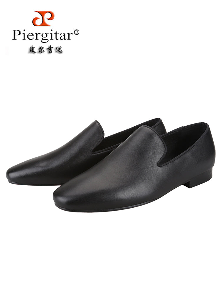 Black and white first-layer cowhide men's loafers European and American classic small square toe one-leg red sole shoes are trendy and versatile