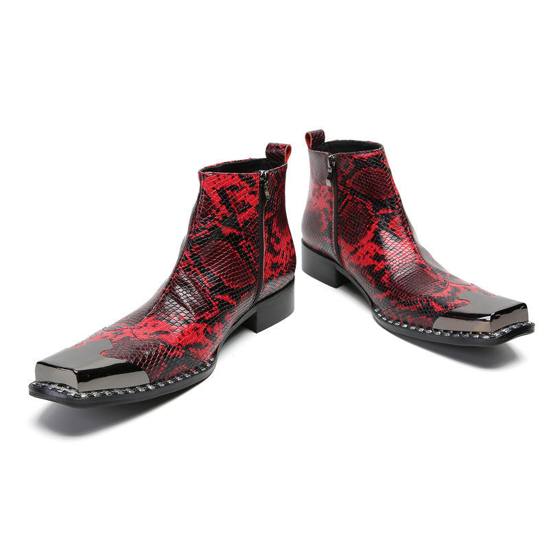 Red Business Chelsea Short Boots Men's Snakeskin Pattern Cowhide Pointed High Top Leather Shoes Fleece Warm Dress Leather Boots