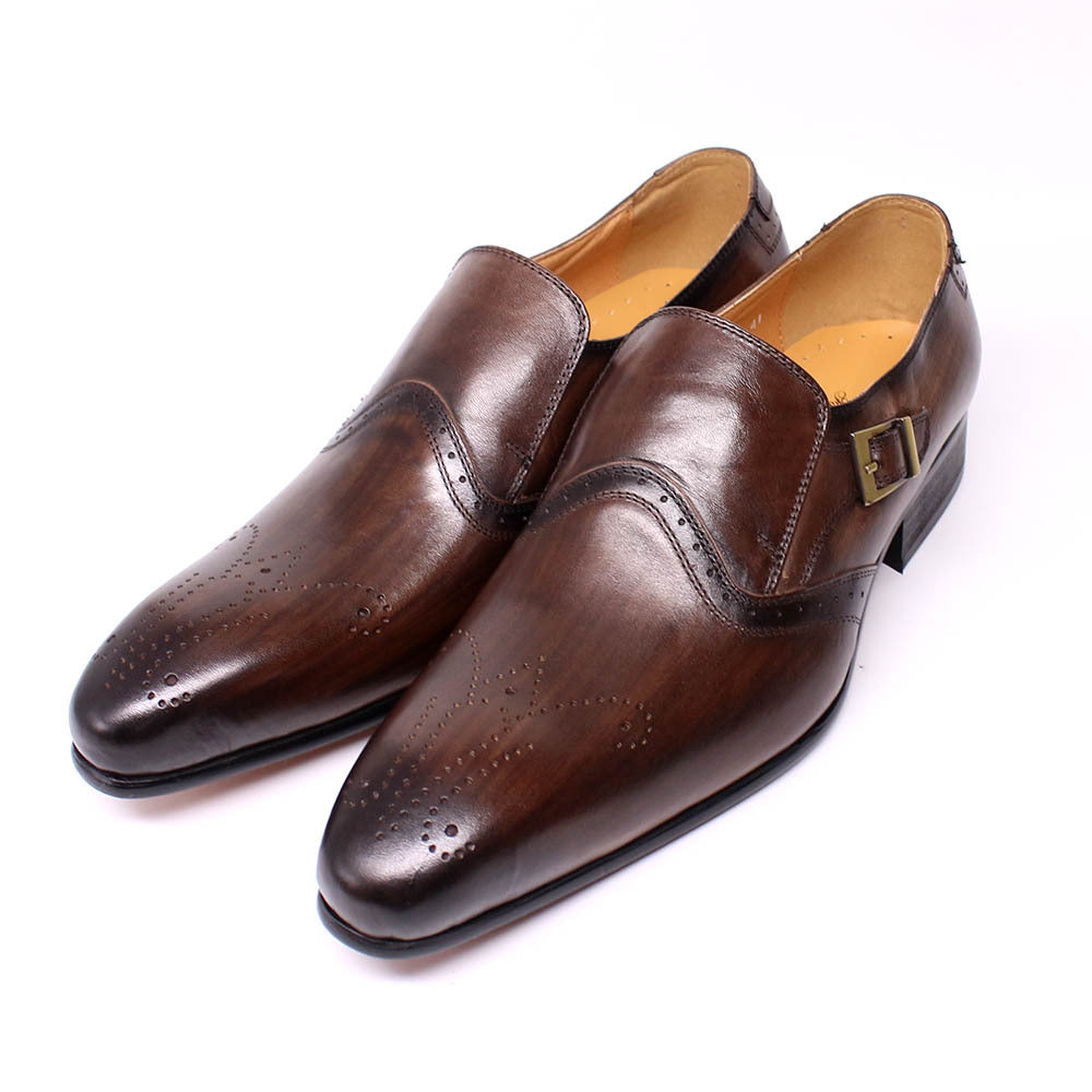 New Men's Pointed Toe Business Casual Men's Shoes Formal Leather Shoes Slip-on British Trend Buckle Men's Shoes Genuine Leather