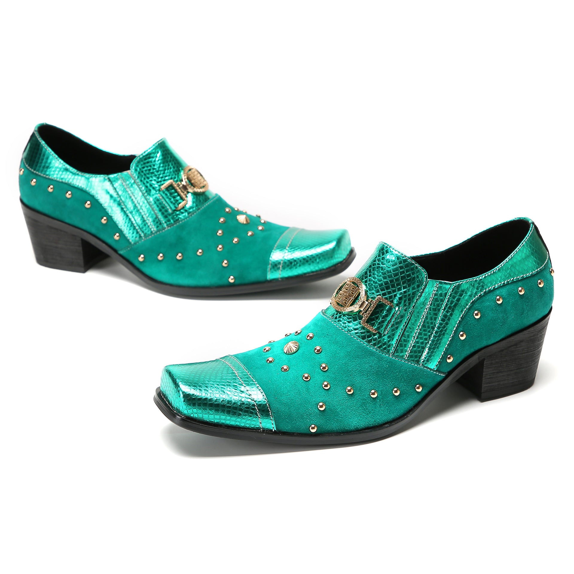 European Station 2023 Autumn New Business Leather Shoes Men's Shoes Square Toe Rivets Derby Shoes Thick Sole Formal Green Shoes Trendy Shoes