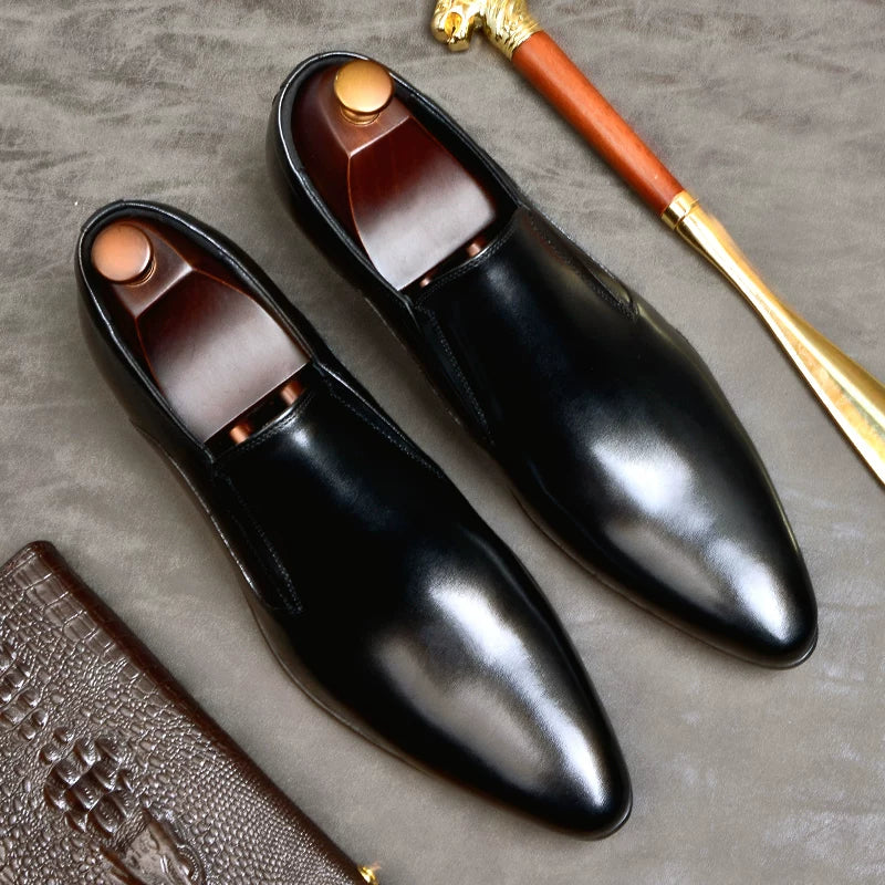 Men's Brown Genuine Leather Loafers, Pointed Toe, Slip-On