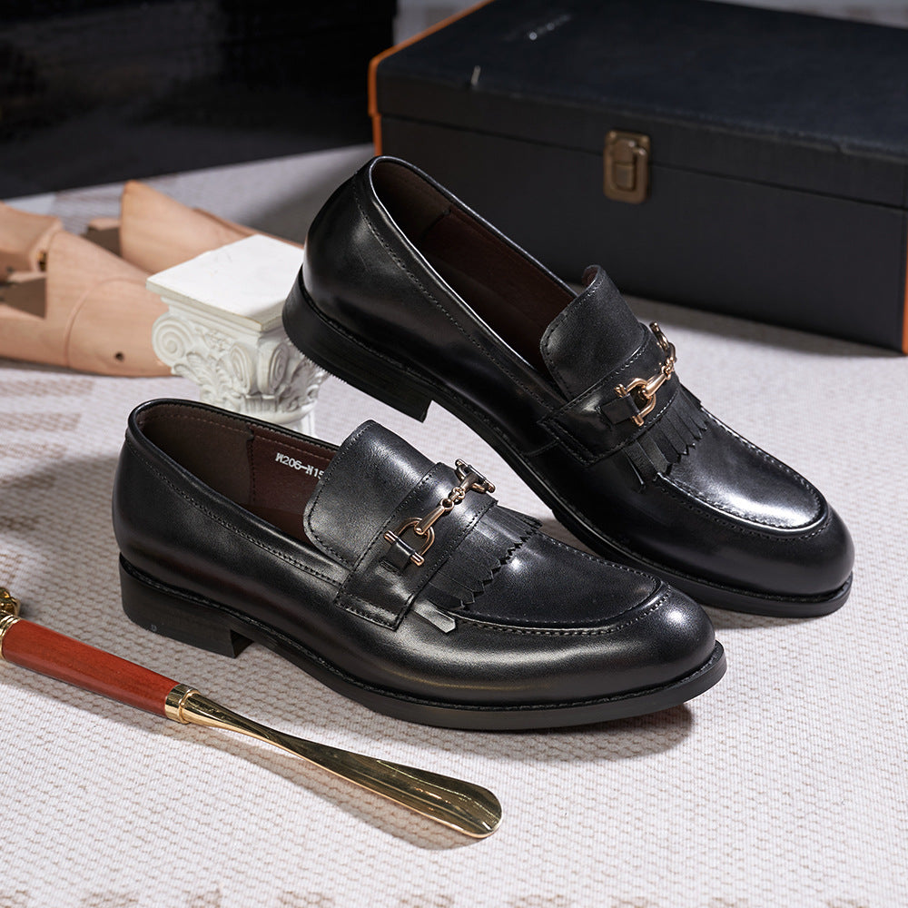 Classic Retro First Layer Cowhide Black Leather Shoes Men's Tassel Business Suit Summer Slip-on Men's Loafers