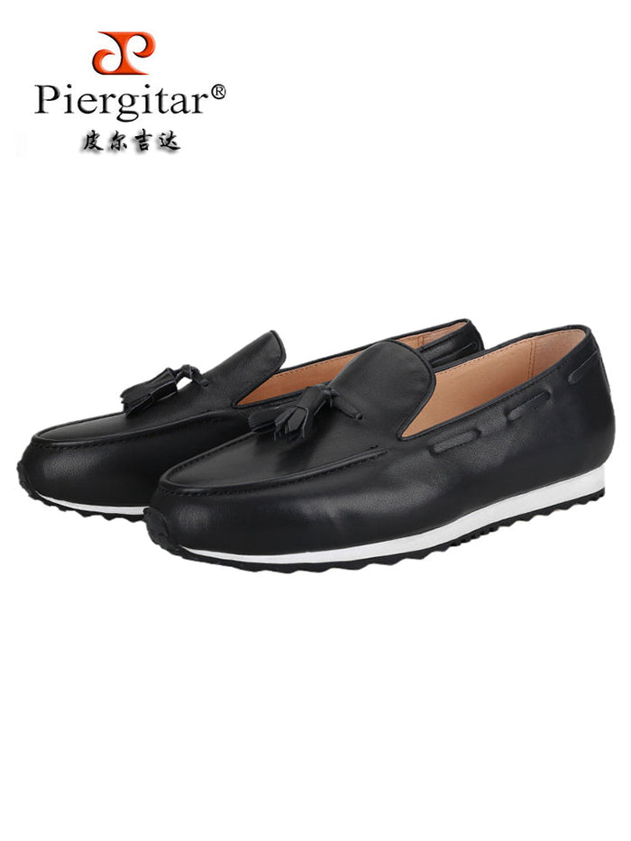 European and American style black nappa leather men's dad shoes black and white foam thick sole fashion tassel sneakers for men