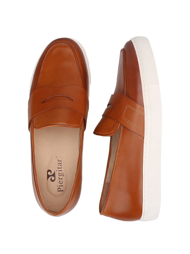 European and American style genuine leather slip-on men's casual sneakers pure imported tire cowhide hand-rubbed white thick-soled shoes for men