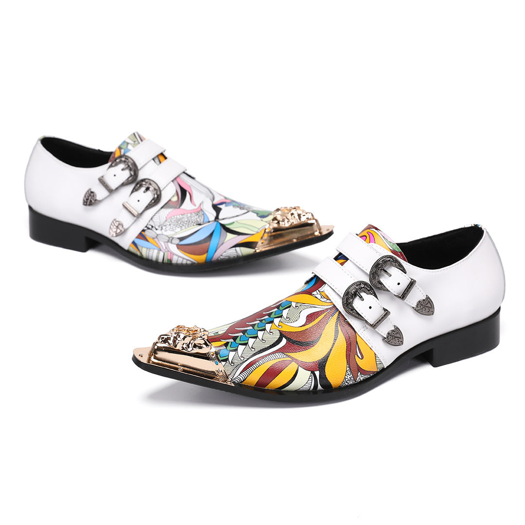 British leather shoes spring men's color matching white brown cowhide business casual single shoes Brock engraved retro formal men's shoes