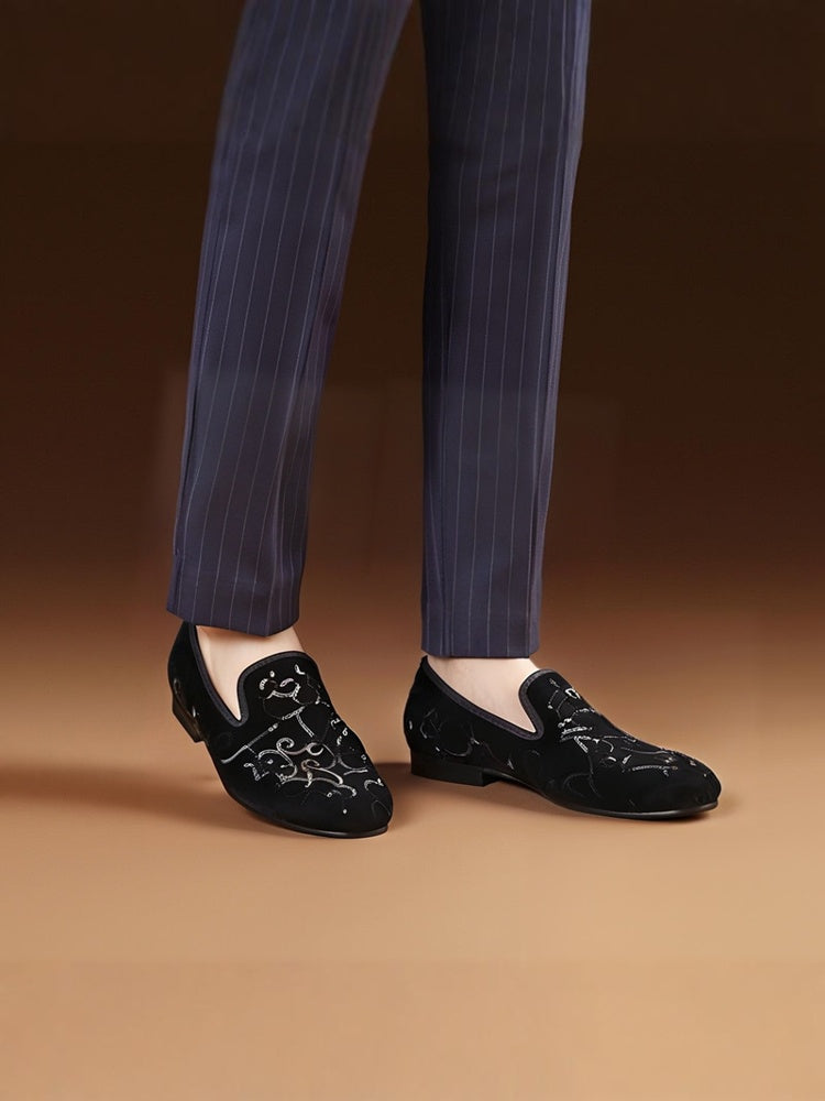 Luxurious Australian hand-sewn sequined velvet loafers for men, European and American trendy low-cut slip-on shoes