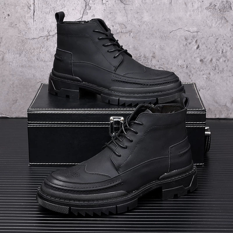 Men's Genuine Leather Martin Boots, Height Increasing, Thick Sole