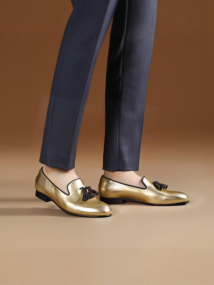 Imported golden cowhide handmade men's tassel shoes European and American party wedding banquet slip-on loafers trendy yuppie shoes