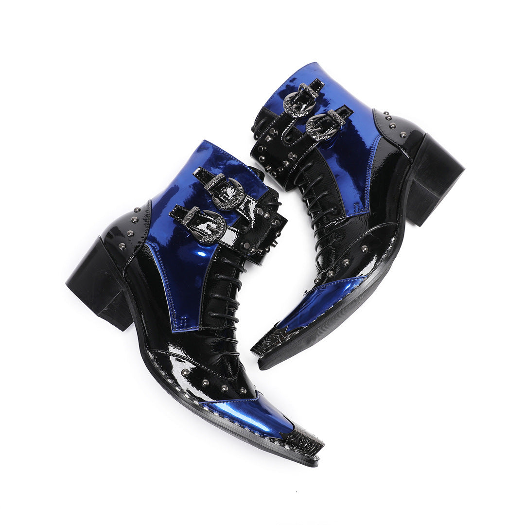 British style special-shaped with square head patent leather short boots plus size 44 45 46 47 48 patent leather thick heel Martin boots blue