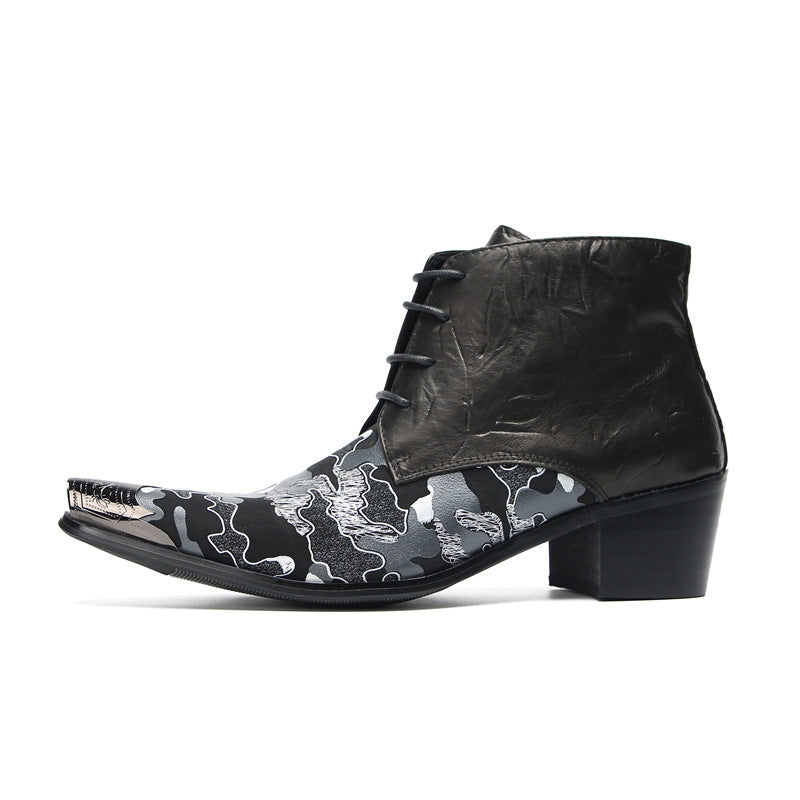 High-top shoes men's velvet autumn and winter leather printing trendy brand short boots British style Martin boots wear-resistant men's casual shoes