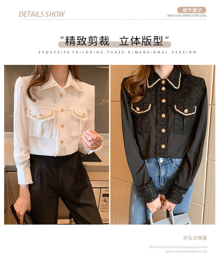 2024 autumn new design sense niche foreign style long sleeve heavy silk shirt women's small fragrant top