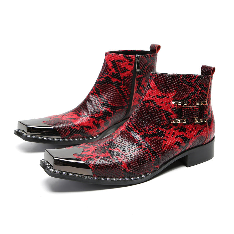 Red Business Chelsea Short Boots Men's Snakeskin Pattern Cowhide Pointed High Top Leather Shoes Fleece Warm Dress Leather Boots
