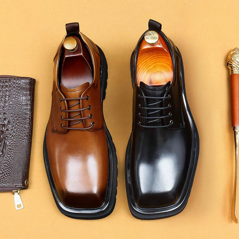Men's Brown Genuine Leather Leather Shoes, Height Increasing, Thick Sole