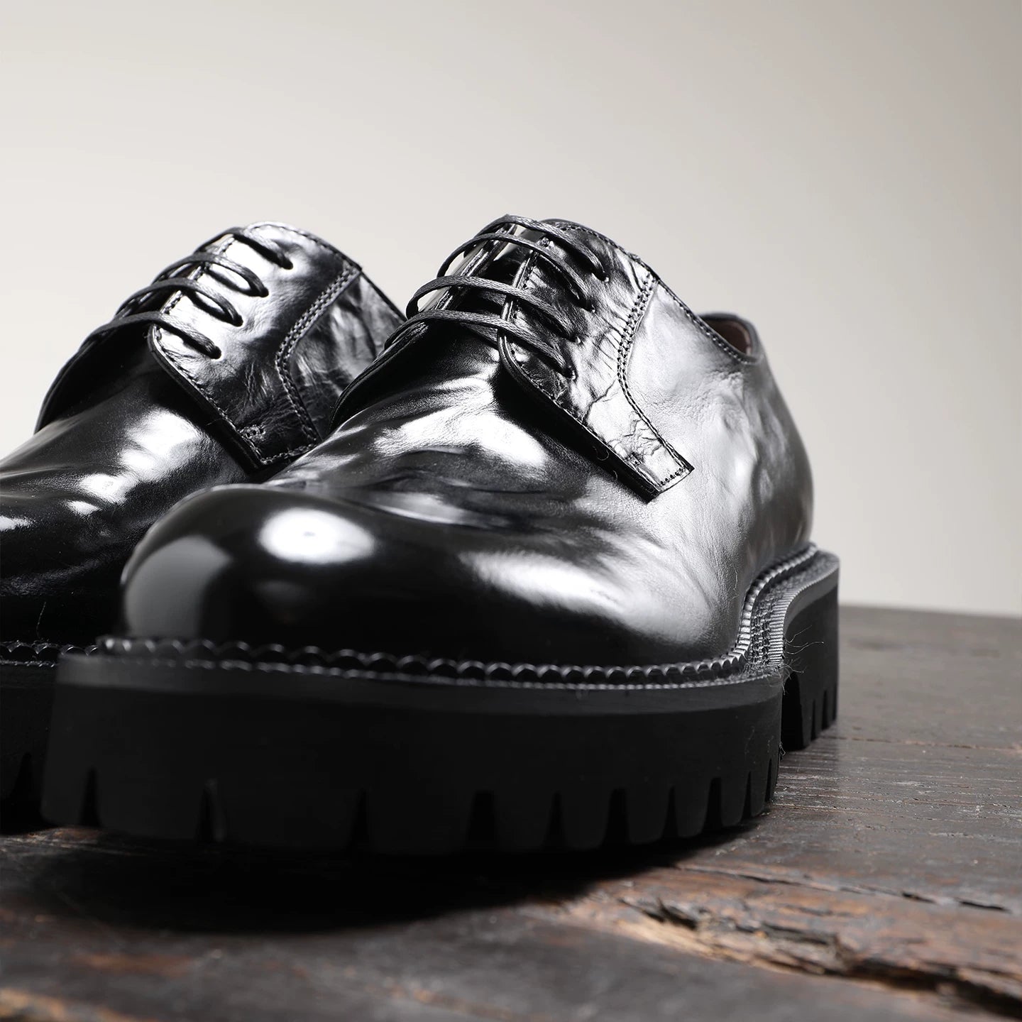 Men's Black Genuine Leather Derby Shoes, Height Increasing, Thick Sole