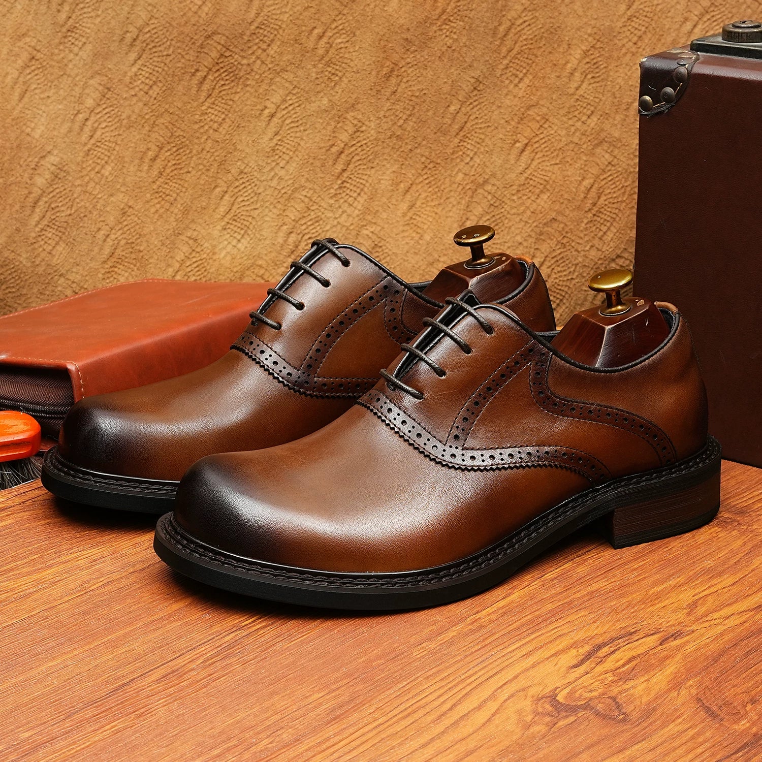 Men's Black Genuine Leather Oxford Shoes, Round Toe, Business