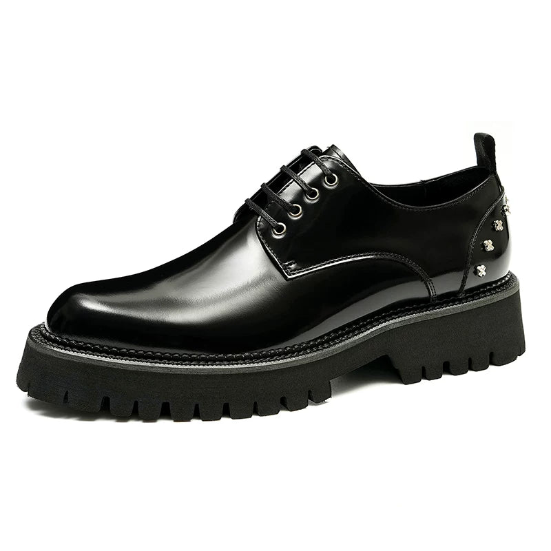 Men's Black Genuine Leather Leather Shoes, Height Increasing, Thick Sole