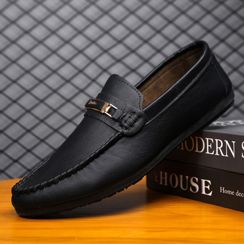 Leather shoes waterproof casual one-pedal loafers handmade business low-top black British men's shoes flat platform single shoes