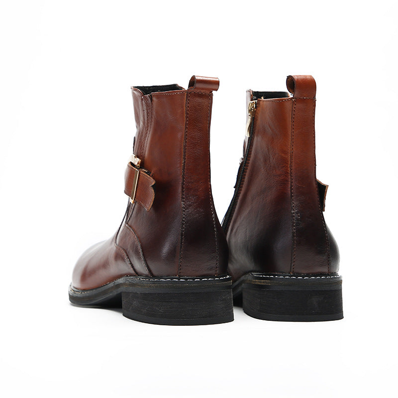 Brown Korean style British fashion men's casual high-top leather shoes business retro pointed leather boots Martin boots sleeve short boots