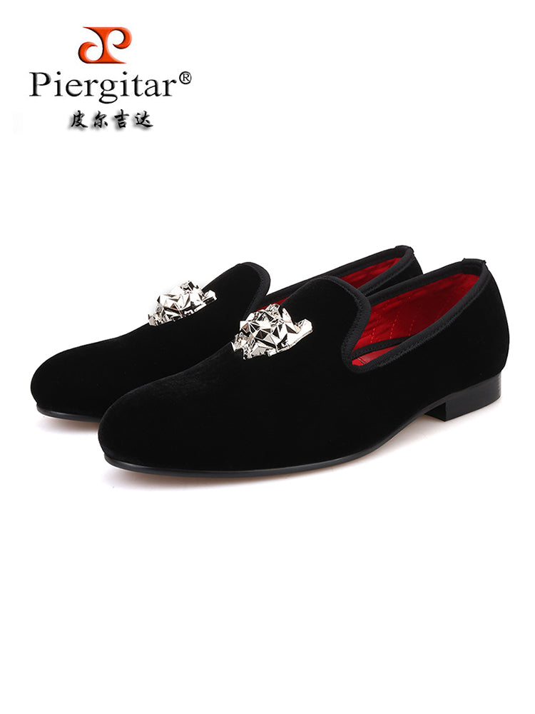 Piergitar handmade men's imported velvet loafers silver PP buckle European and American one-legged trendy low-top shoes