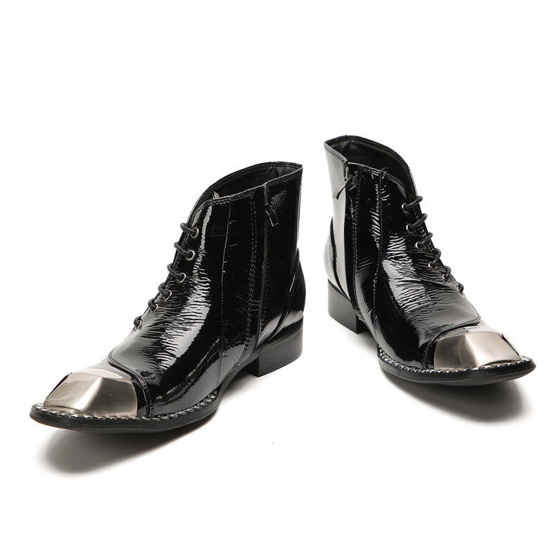 European and American cowhide business high-top leather shoes men's short boots British trend Martin boots pointed toe brogue carved men's boots