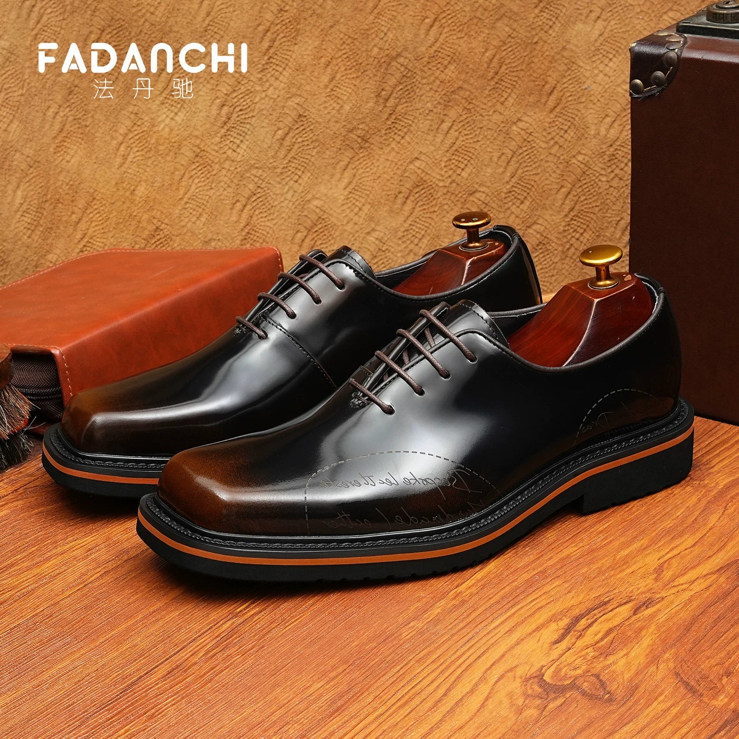 Men's Genuine Leather Oxford Shoes, Square Toe, Glossy