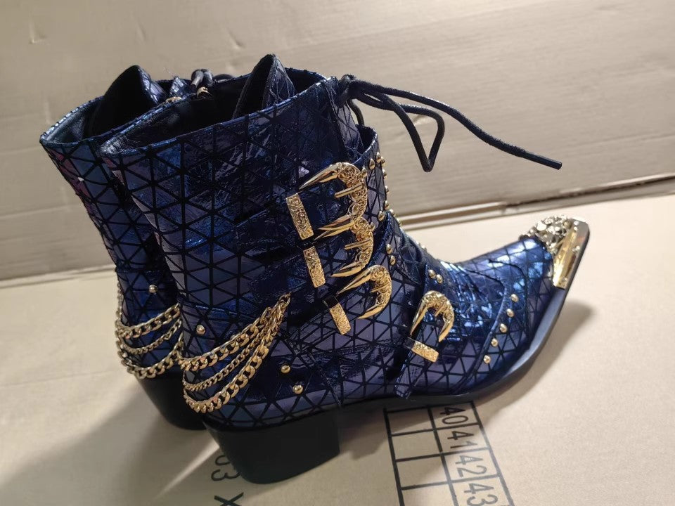 2024 new European and American autumn and winter side zipper solid color men's gold metal square heel winter trend pointed Martin boots large size