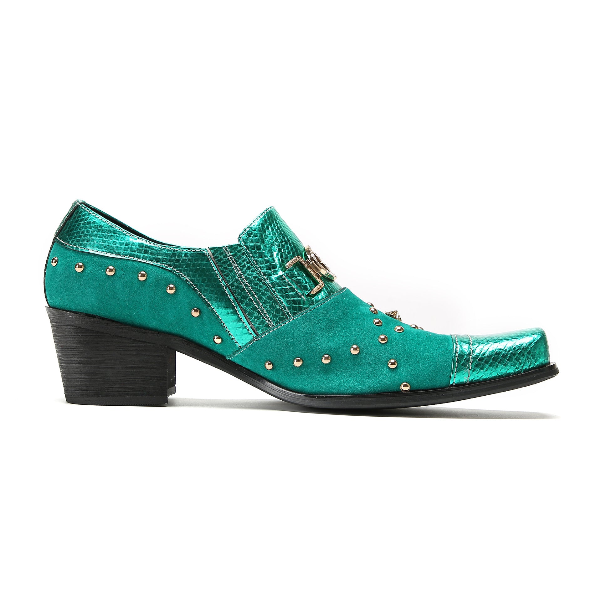 European Station 2023 Autumn New Business Leather Shoes Men's Shoes Square Toe Rivets Derby Shoes Thick Sole Formal Green Shoes Trendy Shoes
