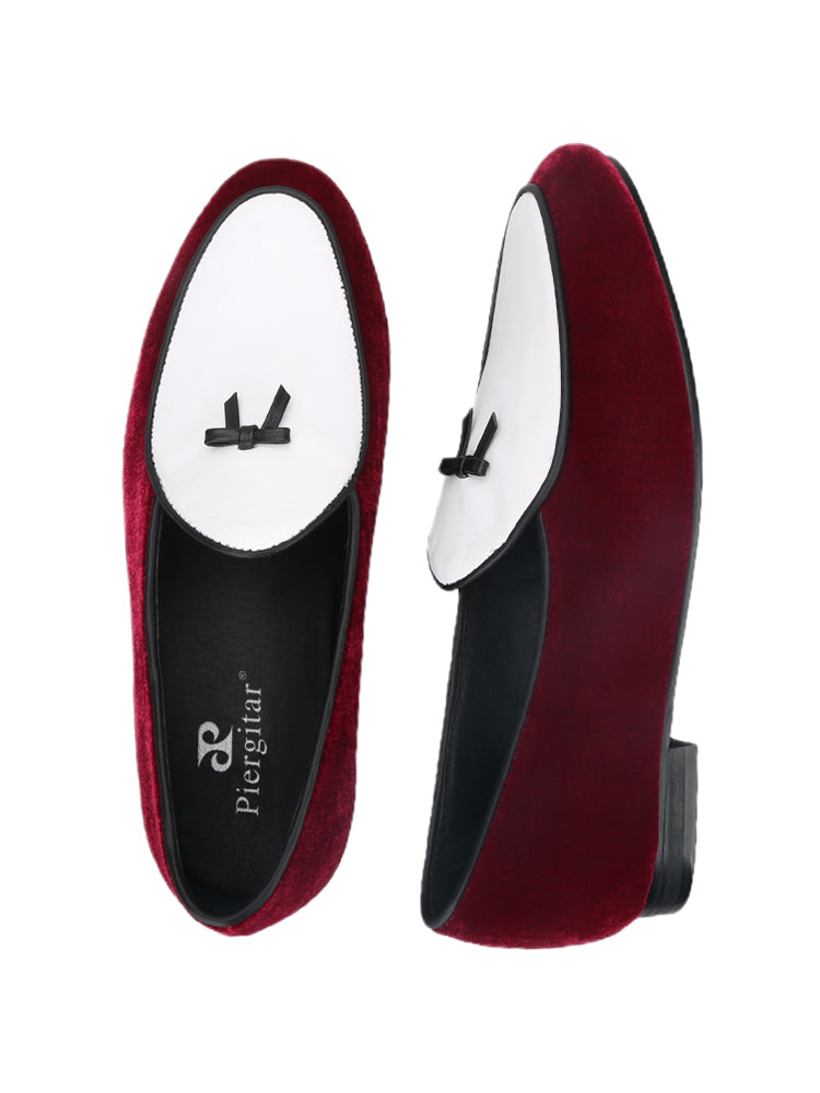 European and American trendy wear burgundy velvet stitching white cowhide men's loafers leather bow tie Belgian shoes