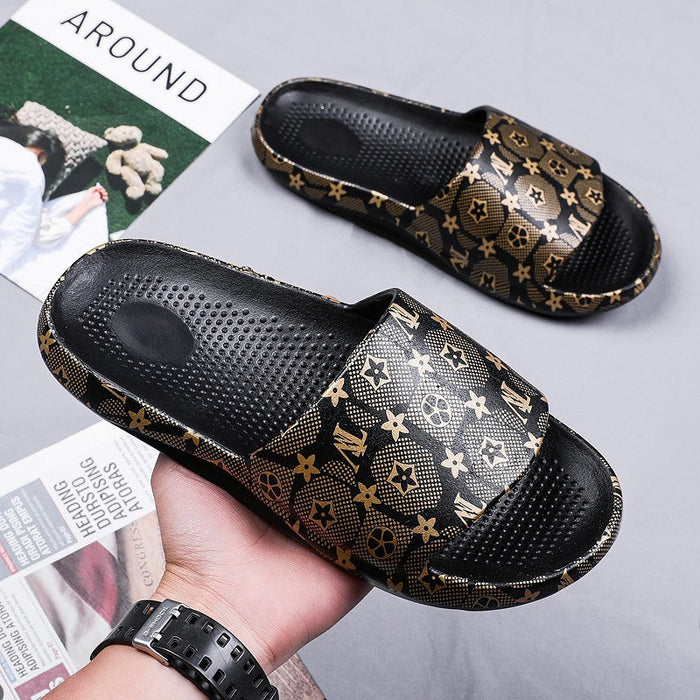 Men's summer coconut slippers gold edition trend outdoor word drag men's casual beach shoes plus size wear sandals and slippers.(P)