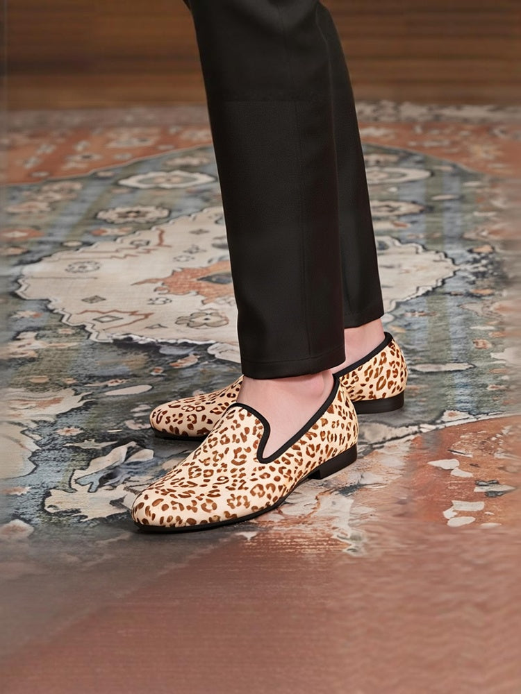 Summer imported leopard print horse hair handmade men's shoes European and American banquet party loafers large size men's shoes