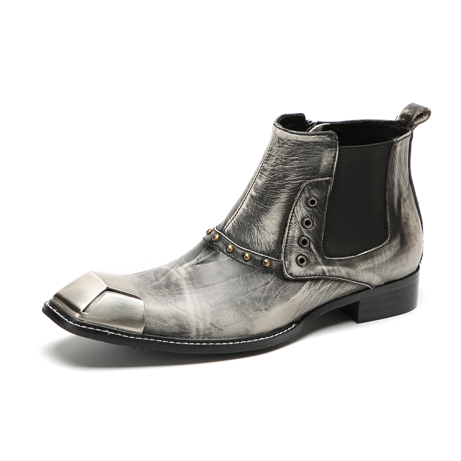 Foreign trade cowhide square-toe Chelsea boots for men British brogue carved short boots trendy high-top shoes commuter soft cowhide boots