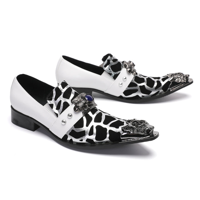 White leather shoes for men, Korean style casual men's slip-on hairstylist wedding shoes, pointed toe slip-ons, heightening formal business shoes