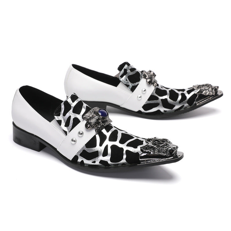 White leather shoes for men, Korean style casual men's slip-on hairstylist wedding shoes, pointed toe slip-ons, heightening formal business shoes
