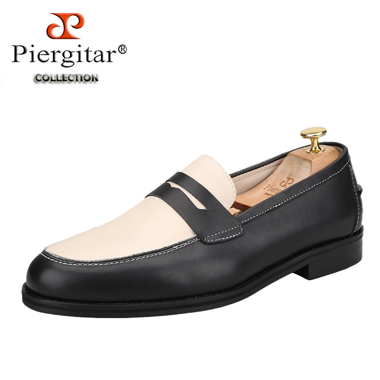 British style handmade custom-made men's casual leather shoes with one foot, black and white splicing cowhide classic penny loafers for men
